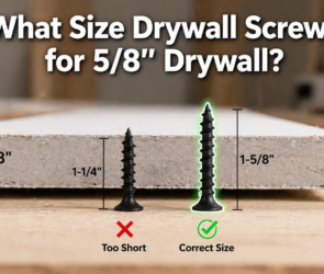 Featured image showing correct drywall screw size for 5/8 inch drywall – 1-5/8 inch screws are correct, while 1-1/4 inch screws are too short