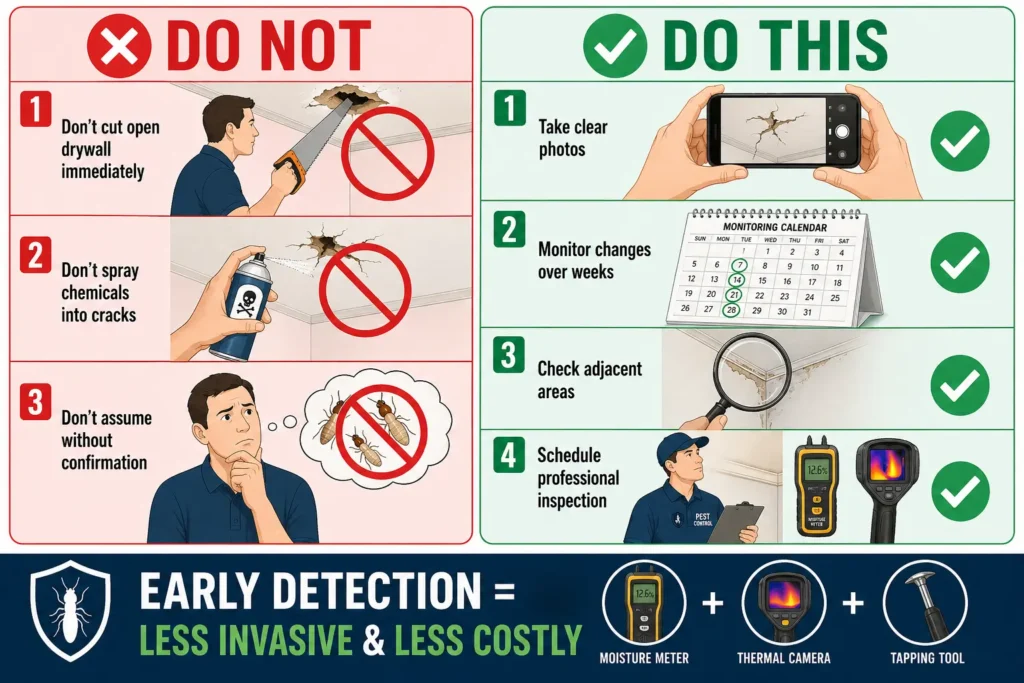 Infographic titled "Do Not / Do This" for suspected termite damage in ceiling drywall. Do Not: cut open drywall immediately, spray chemicals into cracks, or assume without confirmation. Do This: take clear photos, monitor changes over weeks, check adjacent areas, and schedule a professional inspection. Icons show moisture meter, thermal camera, and tapping tool. Early detection equals less invasive and less costly treatment.