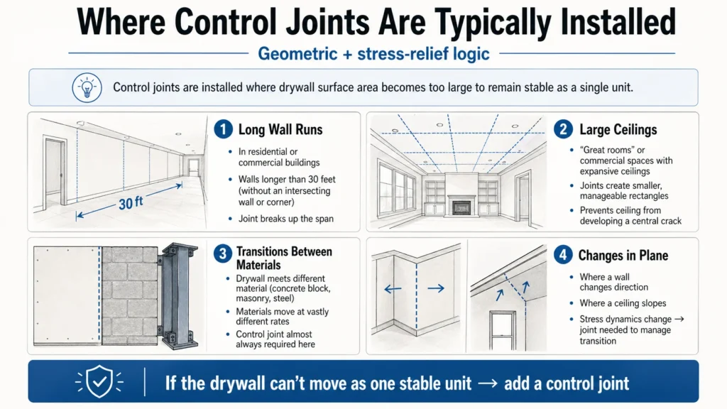 Infographic showing where drywall control joints are typically installed. Four locations: (1) Long wall runs over 30 feet without intersecting walls or corners. (2) Large ceilings (great rooms, commercial spaces) — joints create smaller rectangles and prevent central cracks. (3) Transitions between materials — drywall meeting concrete, masonry, or steel (different movement rates). (4) Changes in plane — walls changing direction or sloping ceilings where stress dynamics change. Bottom summary: if drywall can't move as one stable unit, add a control joint.