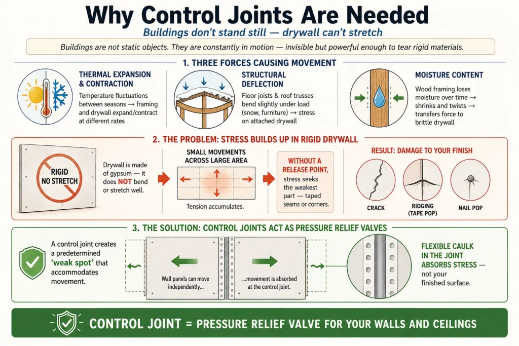 Infographic explaining why drywall control joints are needed. Buildings constantly move due to three forces: thermal expansion/contraction (temperature swings), structural deflection (joists/trusses bending under load), and moisture content (wood shrinking/twisting over time). Drywall is rigid and doesn't stretch — small movements across large areas create tension. Without a release point, stress causes cracks, ridging (tape pop), or nail pops. Control joint acts as pressure relief valve: creates predetermined weak spot, flexible caulk absorbs movement instead of finished surface.