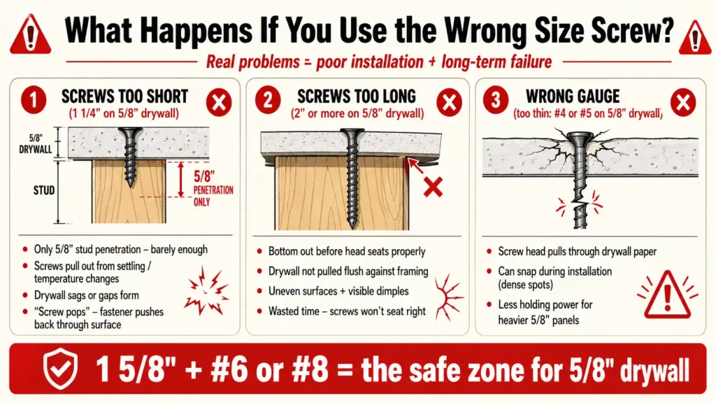 Infographic showing problems from wrong drywall screw sizes on 5/8" drywall. Too short (1 1/4"): only 5/8" stud penetration, screw pops, sagging, pull‑out. Too long (2"+): bottoming out, drywall not flush, uneven surfaces, dimples. Wrong gauge (#4/#5 too thin): head pulls through paper, screws snap, less holding power. Bottom banner recommends 1 5/8" with #6 or #8.