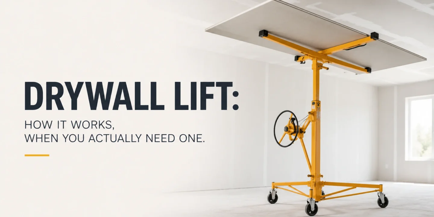 A professional yellow drywall lift holding a large sheet of gypsum board perfectly flat against a high ceiling, demonstrating how the mechanical crank and locking wheels allow for safe, solo installation.