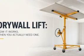 A professional yellow drywall lift holding a large sheet of gypsum board perfectly flat against a high ceiling, demonstrating how the mechanical crank and locking wheels allow for safe, solo installation.