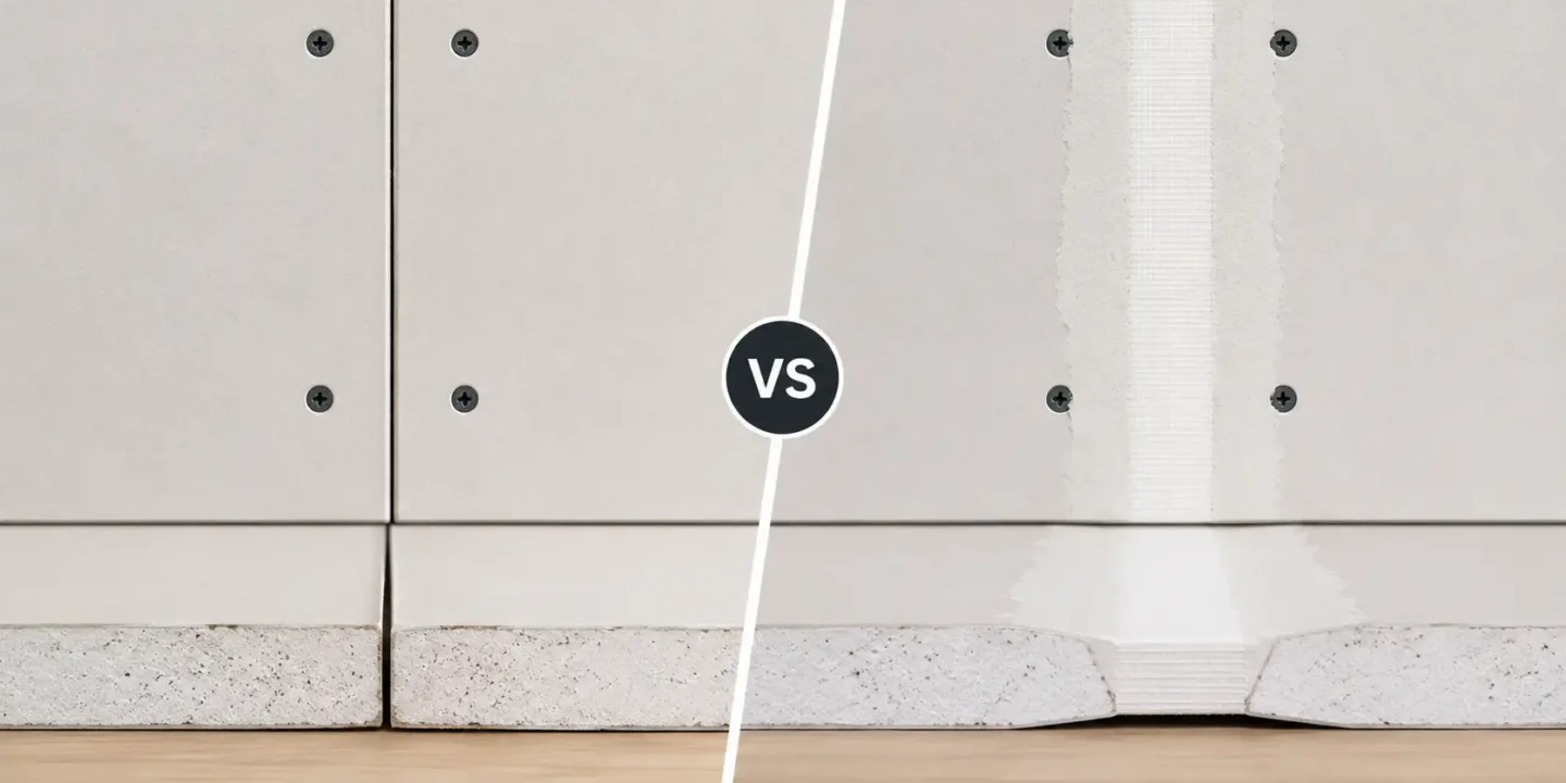 Blog featured image comparing butt joints vs tapered joints in drywall, showing a cross-section split screen layout with two square-edged drywall boards meeting flatly at a butt joint on the left, contrasted with two tapered-edge panels creating a shallow recess for mesh tape and joint compound on the right.