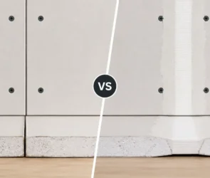 Blog featured image comparing butt joints vs tapered joints in drywall, showing a cross-section split screen layout with two square-edged drywall boards meeting flatly at a butt joint on the left, contrasted with two tapered-edge panels creating a shallow recess for mesh tape and joint compound on the right.