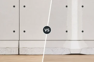 Blog featured image comparing butt joints vs tapered joints in drywall, showing a cross-section split screen layout with two square-edged drywall boards meeting flatly at a butt joint on the left, contrasted with two tapered-edge panels creating a shallow recess for mesh tape and joint compound on the right.