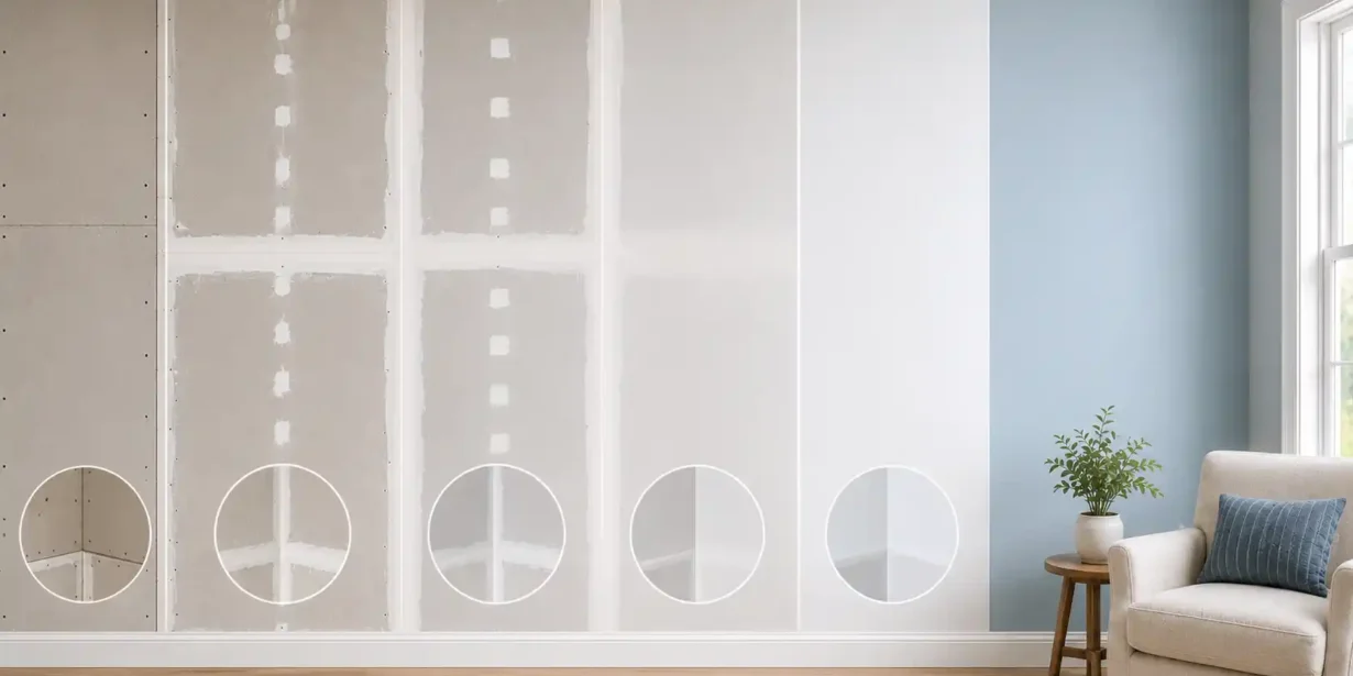 Blog featured image guide on drywall finish levels 0 to 5 explained, showing a side-by-side six-panel progressive wall layout from level 0 bare boards, through intermediate taped, mudded, and skim coated phases, up to a premium level 5 smooth painted blue accent wall, with detailed circular corner insets for each step.