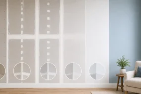 Blog featured image guide on drywall finish levels 0 to 5 explained, showing a side-by-side six-panel progressive wall layout from level 0 bare boards, through intermediate taped, mudded, and skim coated phases, up to a premium level 5 smooth painted blue accent wall, with detailed circular corner insets for each step.