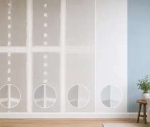 Blog featured image guide on drywall finish levels 0 to 5 explained, showing a side-by-side six-panel progressive wall layout from level 0 bare boards, through intermediate taped, mudded, and skim coated phases, up to a premium level 5 smooth painted blue accent wall, with detailed circular corner insets for each step.