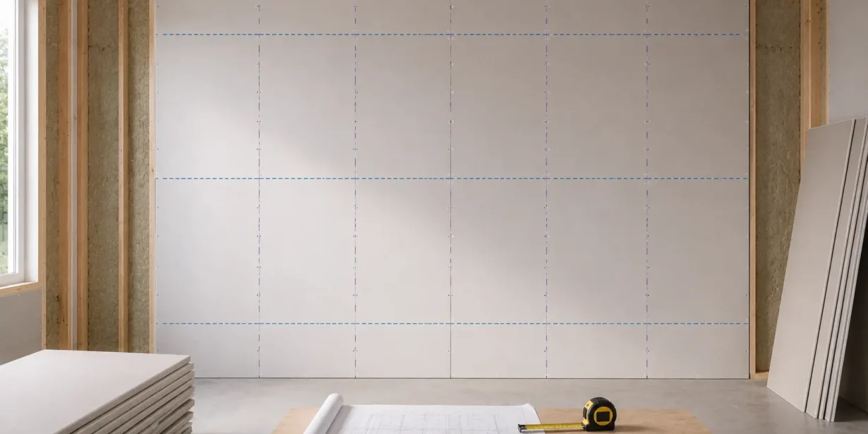 Blog featured image for a drywall layout guide, showing a gridded schematic blue chalk line grid over a large hung drywall room wall, with a blueprint scroll, tape measure, pencil, and stacks of plasterboard panels positioned in the foreground foreground.