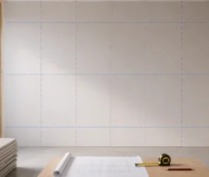 Blog featured image for a drywall layout guide, showing a gridded schematic blue chalk line grid over a large hung drywall room wall, with a blueprint scroll, tape measure, pencil, and stacks of plasterboard panels positioned in the foreground foreground.