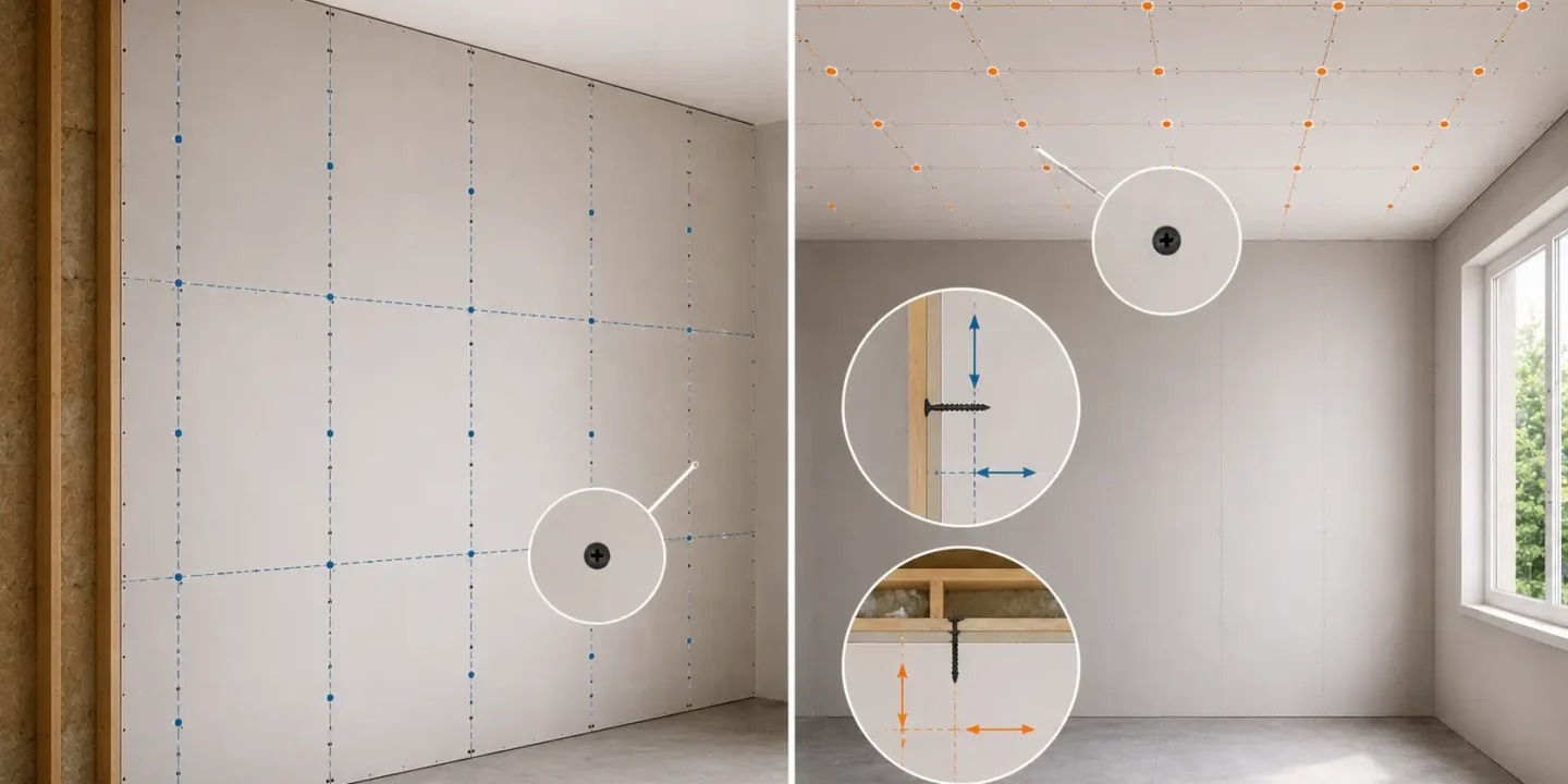 Blog featured image guide on drywall screw spacing for walls and ceilings, showcasing a split screen diagram with a blue-marked fastening grid on a vertical drywall wall on the left, and an orange-marked grid layout on a ceiling on the right, featuring detailed circular macro insets of individual drywall screws driven into wood framing with spacing indicator arrows.