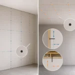 Blog featured image guide on drywall screw spacing for walls and ceilings, showcasing a split screen diagram with a blue-marked fastening grid on a vertical drywall wall on the left, and an orange-marked grid layout on a ceiling on the right, featuring detailed circular macro insets of individual drywall screws driven into wood framing with spacing indicator arrows.