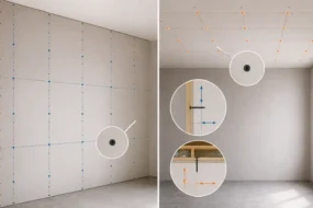 Blog featured image guide on drywall screw spacing for walls and ceilings, showcasing a split screen diagram with a blue-marked fastening grid on a vertical drywall wall on the left, and an orange-marked grid layout on a ceiling on the right, featuring detailed circular macro insets of individual drywall screws driven into wood framing with spacing indicator arrows.