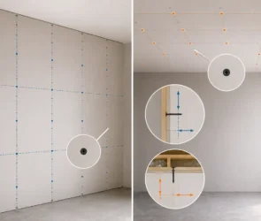 Blog featured image guide on drywall screw spacing for walls and ceilings, showcasing a split screen diagram with a blue-marked fastening grid on a vertical drywall wall on the left, and an orange-marked grid layout on a ceiling on the right, featuring detailed circular macro insets of individual drywall screws driven into wood framing with spacing indicator arrows.