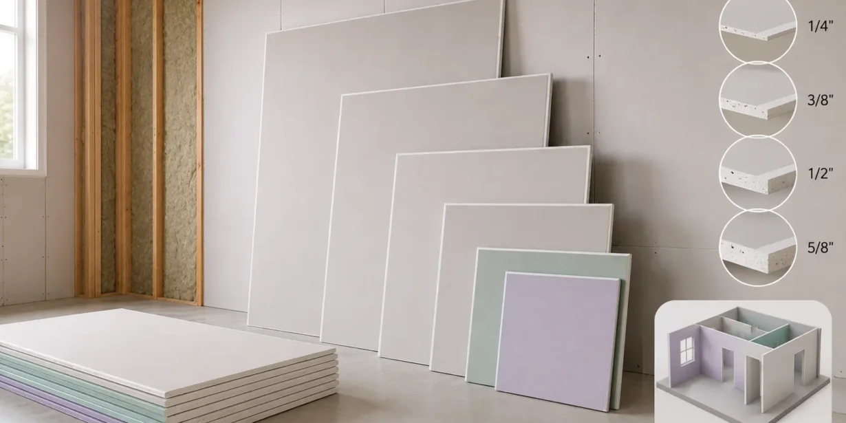 Blog featured image guide on drywall sizes and thickness options, showcasing a stack and staggered lineup of various plasterboard sheets next to an open wall frame, with circular edge-profile insets detailing one-quarter inch, three-eighths inch, one-half inch, and five-eighths inch options alongside a small 3D residential layout diagram.
