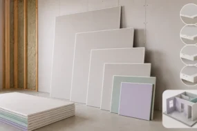 Blog featured image guide on drywall sizes and thickness options, showcasing a stack and staggered lineup of various plasterboard sheets next to an open wall frame, with circular edge-profile insets detailing one-quarter inch, three-eighths inch, one-half inch, and five-eighths inch options alongside a small 3D residential layout diagram.