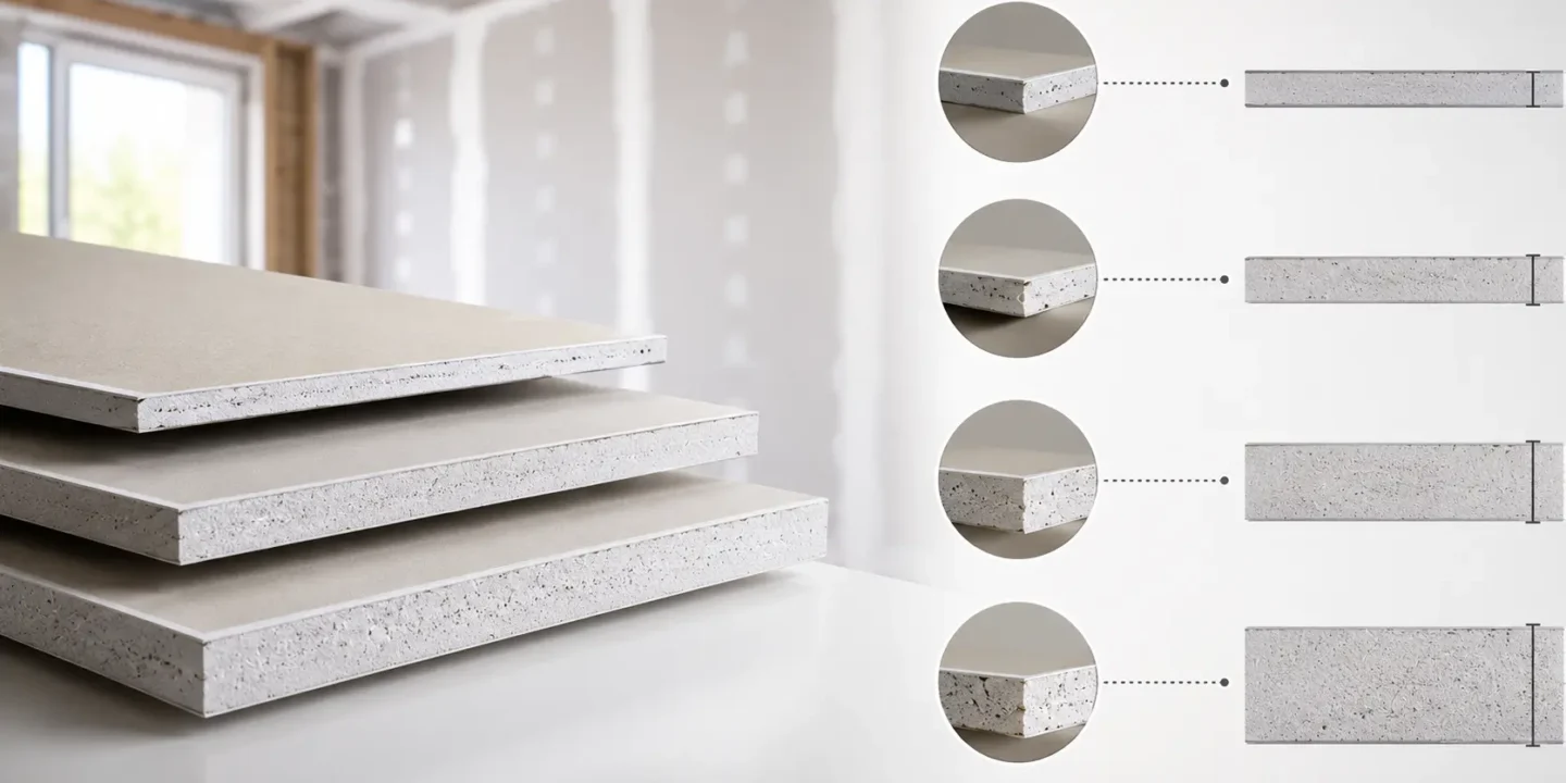 Blog featured image for a drywall thickness guide, showing four staggered panels of varying thickness lengths leaning against a concrete wall, with high-definition circular macro insets displaying accurate edge-profiles for one-quarter inch, three-eighths inch, one-half inch, and five-eighths inch sheets.