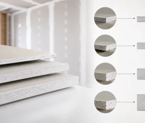 Blog featured image for a drywall thickness guide, showing four staggered panels of varying thickness lengths leaning against a concrete wall, with high-definition circular macro insets displaying accurate edge-profiles for one-quarter inch, three-eighths inch, one-half inch, and five-eighths inch sheets.
