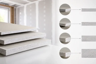 Blog featured image for a drywall thickness guide, showing four staggered panels of varying thickness lengths leaning against a concrete wall, with high-definition circular macro insets displaying accurate edge-profiles for one-quarter inch, three-eighths inch, one-half inch, and five-eighths inch sheets.