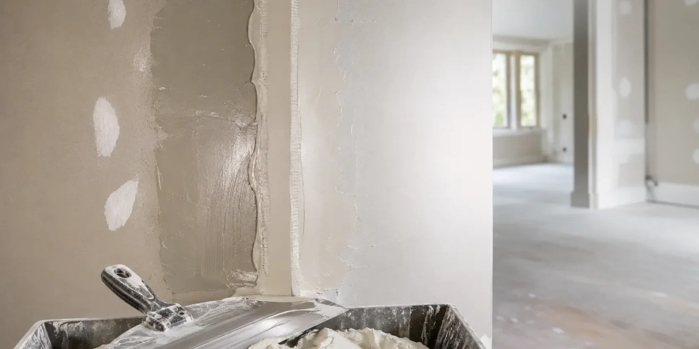 Blog featured image guide on how long does drywall mud take to dry, showcasing a freshly mudded corner wall seam with a clear contrast between wet dark grey joint compound and dry lighter patches, alongside a mud pan and taping knife in the foreground.