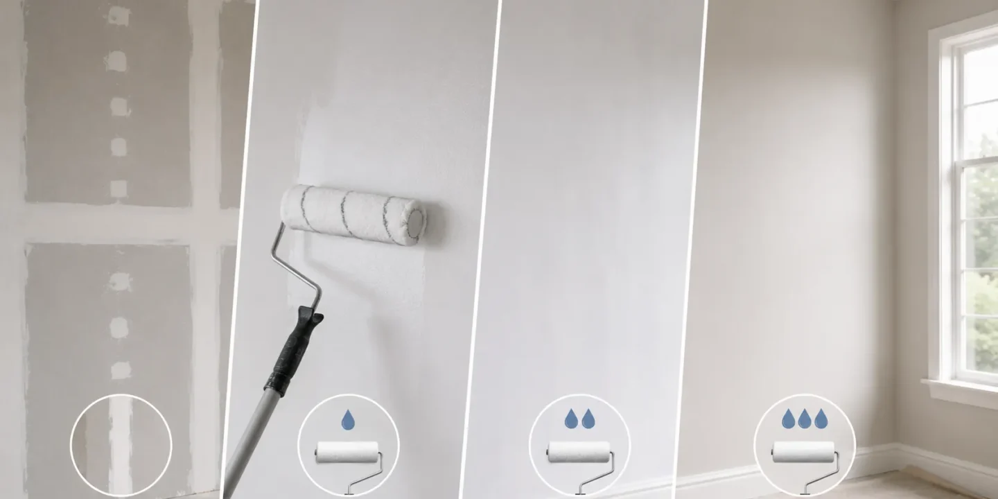 Blog featured image guide on how many coats of primer on new drywall, showing a progressive four-panel infographic from raw taped drywall seams, to a paint roller applying a first primer coat, followed by a second coat panel, and a final fully finished painted room.