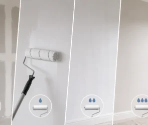 Blog featured image guide on how many coats of primer on new drywall, showing a progressive four-panel infographic from raw taped drywall seams, to a paint roller applying a first primer coat, followed by a second coat panel, and a final fully finished painted room.