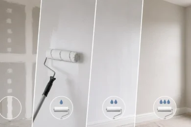 Blog featured image guide on how many coats of primer on new drywall, showing a progressive four-panel infographic from raw taped drywall seams, to a paint roller applying a first primer coat, followed by a second coat panel, and a final fully finished painted room.