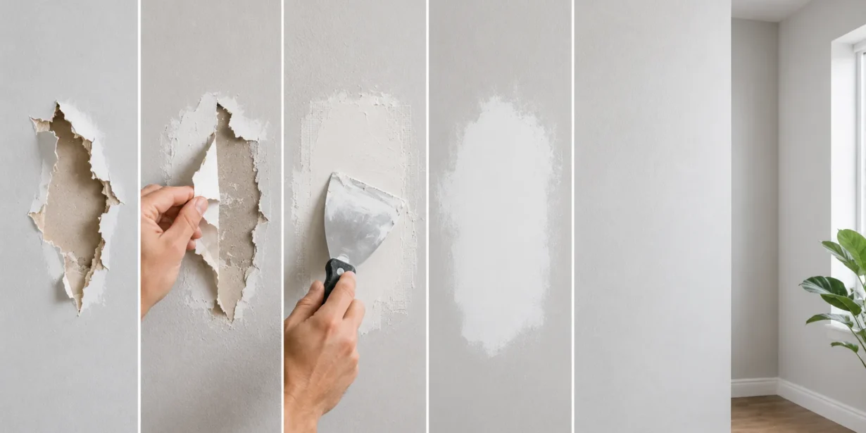 Blog featured image guide on how to fix torn drywall paper, showing a step-by-step sequential infographic from left to right of peeling back frayed paper edges, applying joint compound over a mesh patch with a putty knife, sanding it smooth, and the seamless final repaired wall.