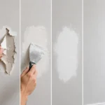 Blog featured image guide on how to fix torn drywall paper, showing a step-by-step sequential infographic from left to right of peeling back frayed paper edges, applying joint compound over a mesh patch with a putty knife, sanding it smooth, and the seamless final repaired wall.