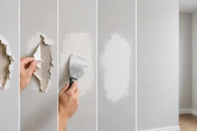 Blog featured image guide on how to fix torn drywall paper, showing a step-by-step sequential infographic from left to right of peeling back frayed paper edges, applying joint compound over a mesh patch with a putty knife, sanding it smooth, and the seamless final repaired wall.