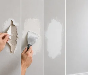 Blog featured image guide on how to fix torn drywall paper, showing a step-by-step sequential infographic from left to right of peeling back frayed paper edges, applying joint compound over a mesh patch with a putty knife, sanding it smooth, and the seamless final repaired wall.