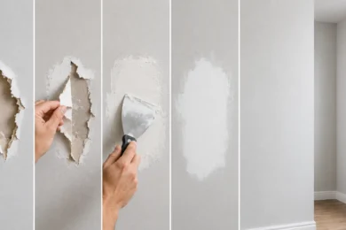 Blog featured image guide on how to fix torn drywall paper, showing a step-by-step sequential infographic from left to right of peeling back frayed paper edges, applying joint compound over a mesh patch with a putty knife, sanding it smooth, and the seamless final repaired wall.