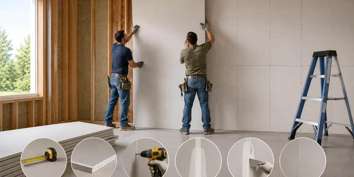 Blog featured image guide on how to hang drywall, showing two workers lifting a large plasterboard sheet onto exposed wood wall framing, with a step-by-step horizontal row of circular insets detailing measuring, board selection, fastening with a drywall screw gun, taping seams, mudding with a putty knife, and the finished joint.