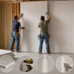 Blog featured image guide on how to hang drywall, showing two workers lifting a large plasterboard sheet onto exposed wood wall framing, with a step-by-step horizontal row of circular insets detailing measuring, board selection, fastening with a drywall screw gun, taping seams, mudding with a putty knife, and the finished joint.
