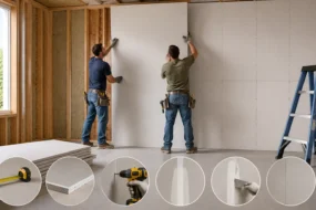 Blog featured image guide on how to hang drywall, showing two workers lifting a large plasterboard sheet onto exposed wood wall framing, with a step-by-step horizontal row of circular insets detailing measuring, board selection, fastening with a drywall screw gun, taping seams, mudding with a putty knife, and the finished joint.