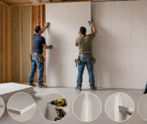 Blog featured image guide on how to hang drywall, showing two workers lifting a large plasterboard sheet onto exposed wood wall framing, with a step-by-step horizontal row of circular insets detailing measuring, board selection, fastening with a drywall screw gun, taping seams, mudding with a putty knife, and the finished joint.