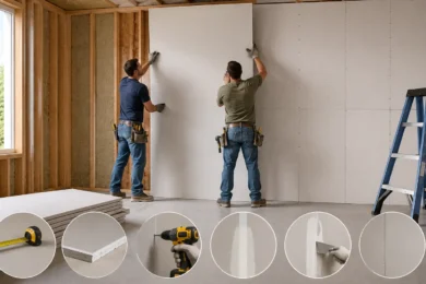 Blog featured image guide on how to hang drywall, showing two workers lifting a large plasterboard sheet onto exposed wood wall framing, with a step-by-step horizontal row of circular insets detailing measuring, board selection, fastening with a drywall screw gun, taping seams, mudding with a putty knife, and the finished joint.