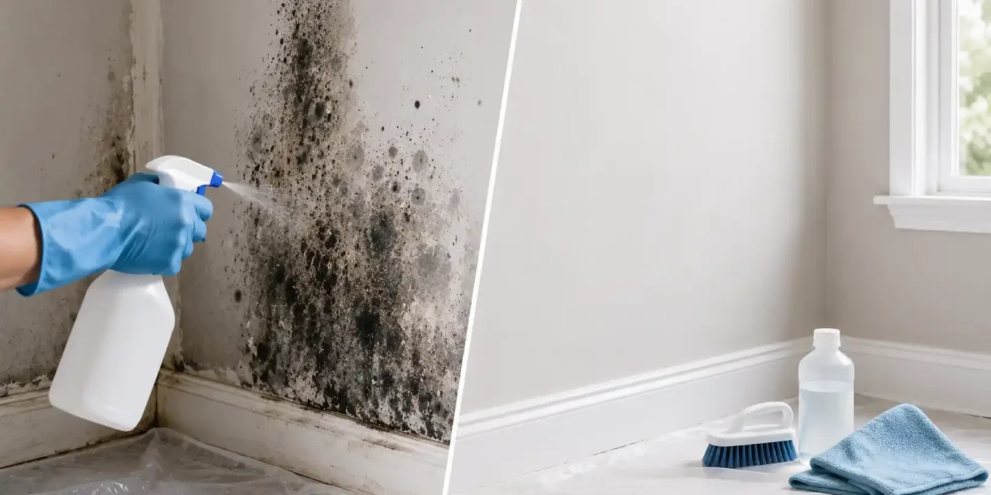 Blog featured image guide on how to kill mold on drywall, featuring a split screen layout with a gloved hand spraying a large patch of black mold on a wall corner on the left, and a clean, repaired wall with a scrub brush, cleaning solution, and cloth on the right.