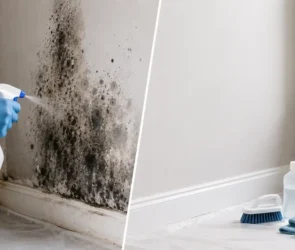 Blog featured image guide on how to kill mold on drywall, featuring a split screen layout with a gloved hand spraying a large patch of black mold on a wall corner on the left, and a clean, repaired wall with a scrub brush, cleaning solution, and cloth on the right.