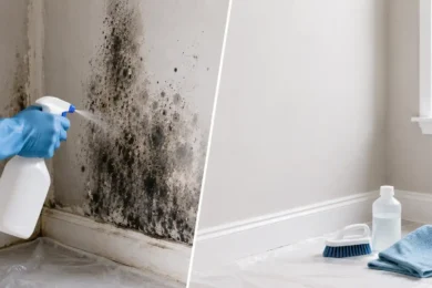 Blog featured image guide on how to kill mold on drywall, featuring a split screen layout with a gloved hand spraying a large patch of black mold on a wall corner on the left, and a clean, repaired wall with a scrub brush, cleaning solution, and cloth on the right.
