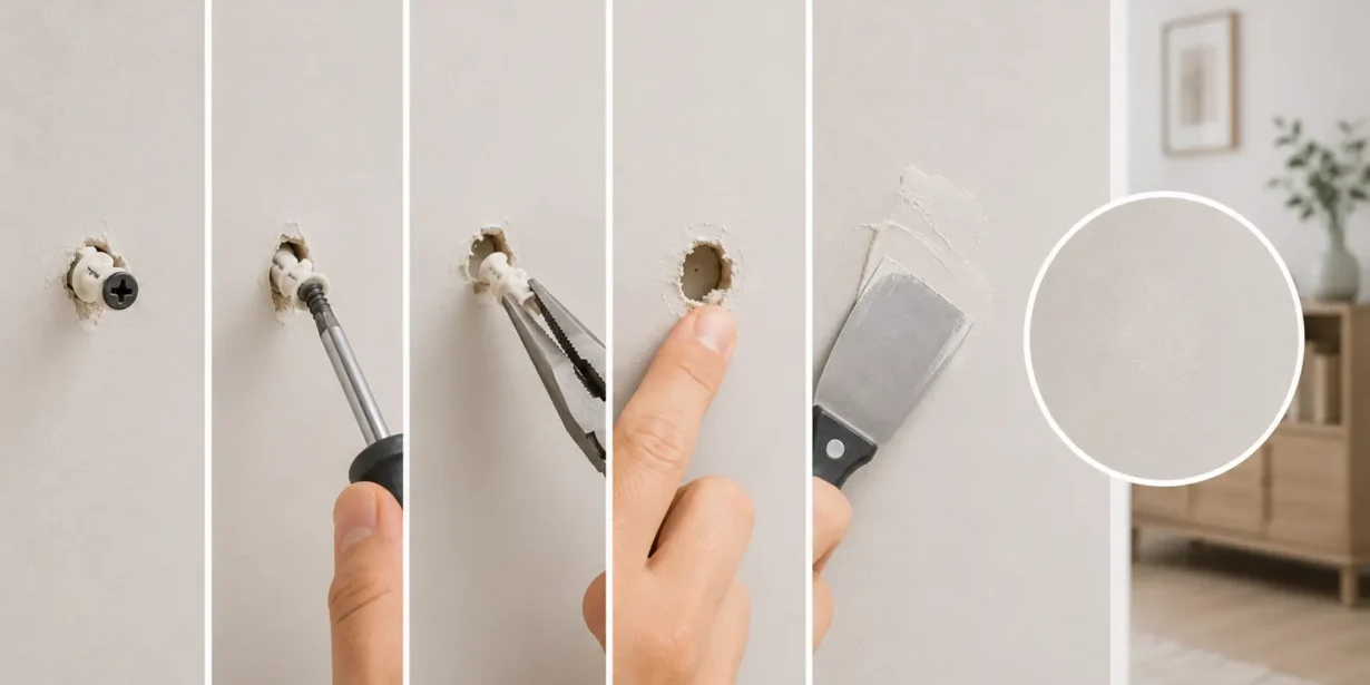 Blog featured image guide on how to remove drywall anchors without destroying your wall, featuring a sequential step-by-step infographic showing a screw being backed out, pulling the plastic sleeve with needle-nose pliers, pushing the anchor flush, patching the hole with a putty knife, and a closeup circular swatch of the smooth, repaired wall.