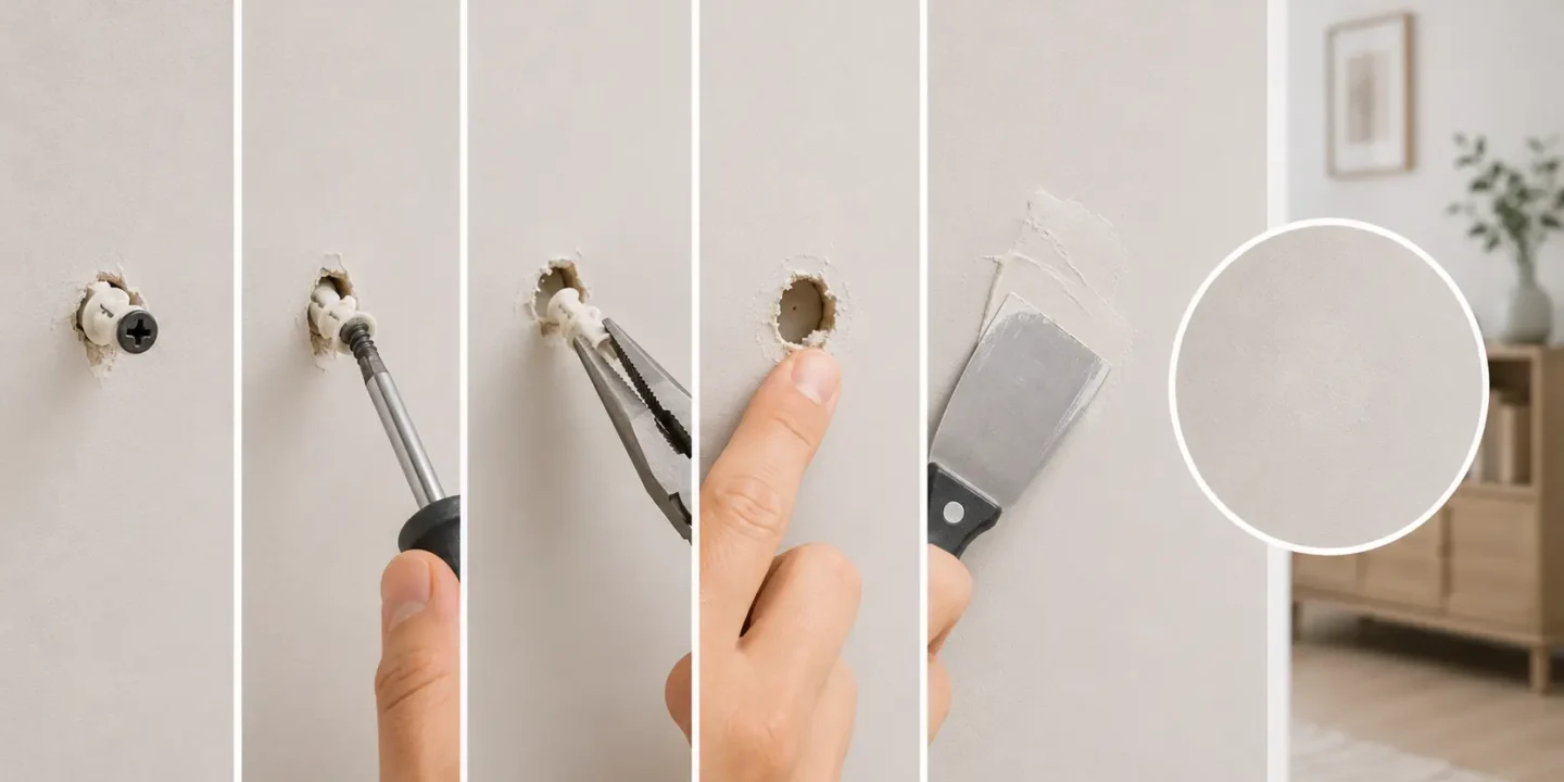 Blog featured image guide on how to remove drywall anchors without destroying your wall, featuring a sequential step-by-step infographic showing a screw being backed out, pulling the plastic sleeve with needle-nose pliers, pushing the anchor flush, patching the hole with a putty knife, and a closeup circular swatch of the smooth, repaired wall.