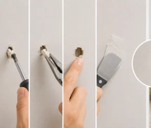 Blog featured image guide on how to remove drywall anchors without destroying your wall, featuring a sequential step-by-step infographic showing a screw being backed out, pulling the plastic sleeve with needle-nose pliers, pushing the anchor flush, patching the hole with a putty knife, and a closeup circular swatch of the smooth, repaired wall.