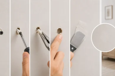 Blog featured image guide on how to remove drywall anchors without destroying your wall, featuring a sequential step-by-step infographic showing a screw being backed out, pulling the plastic sleeve with needle-nose pliers, pushing the anchor flush, patching the hole with a putty knife, and a closeup circular swatch of the smooth, repaired wall.