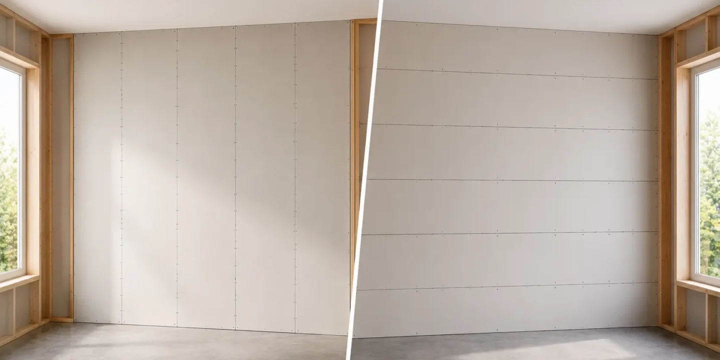 Basic difference between vertical and horizontal drywall hanging. Vertical: sheets run floor to ceiling, long edge parallel to studs, sheet spans between two studs. Horizontal: sheets run across the wall, long edge crosses multiple studs. On an 8-foot wall, horizontal uses two rows of 4x8 sheets with a seam at 4 feet off the floor.