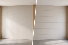 Basic difference between vertical and horizontal drywall hanging. Vertical: sheets run floor to ceiling, long edge parallel to studs, sheet spans between two studs. Horizontal: sheets run across the wall, long edge crosses multiple studs. On an 8-foot wall, horizontal uses two rows of 4x8 sheets with a seam at 4 feet off the floor.