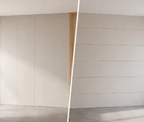 Basic difference between vertical and horizontal drywall hanging. Vertical: sheets run floor to ceiling, long edge parallel to studs, sheet spans between two studs. Horizontal: sheets run across the wall, long edge crosses multiple studs. On an 8-foot wall, horizontal uses two rows of 4x8 sheets with a seam at 4 feet off the floor.