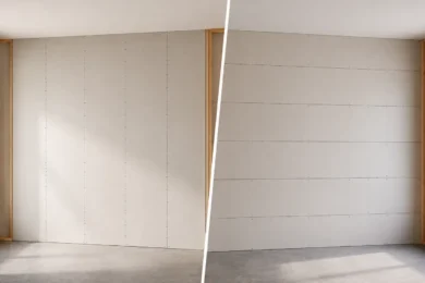 Basic difference between vertical and horizontal drywall hanging. Vertical: sheets run floor to ceiling, long edge parallel to studs, sheet spans between two studs. Horizontal: sheets run across the wall, long edge crosses multiple studs. On an 8-foot wall, horizontal uses two rows of 4x8 sheets with a seam at 4 feet off the floor.