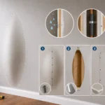 Blog featured image guide on troubleshooting bulging drywall, showcasing a large vertical wall bulge marked with a dotted outline alongside circular diagnostic insets detailing water leaks, pipe pressure, and shifting insulation, with a numbered 1-to-4 step-by-step repair infographic illustrating checking fasteners, cutting out the damaged section with a drywall saw, fastening a new patch, and applying a smooth skim coat.